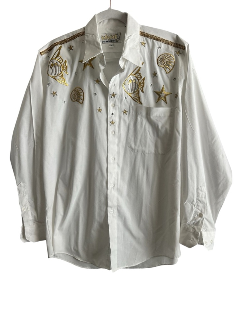 White Button-Down Shirt with Gold Embroidered Stars and Nautical Motifs